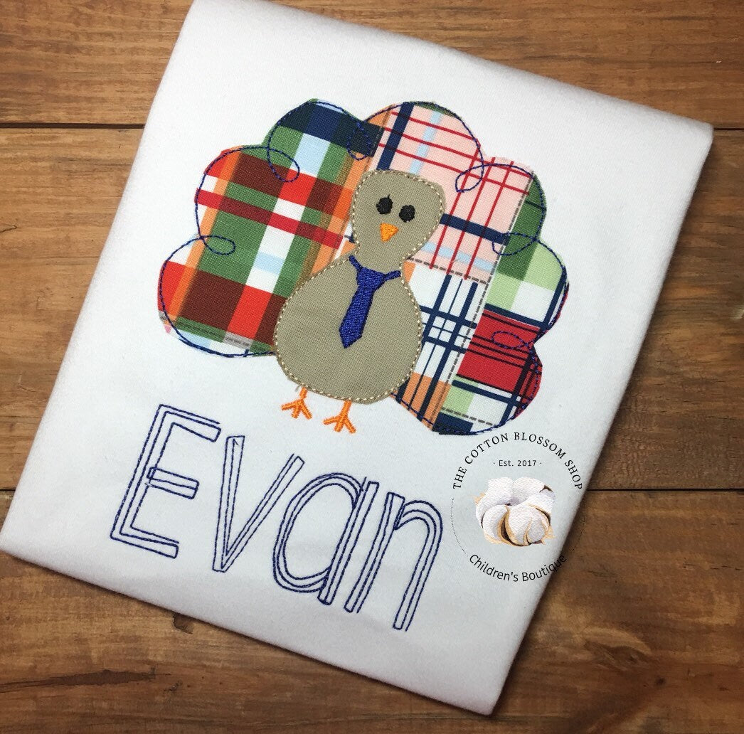 Boys plaid applique Thanksgiving Turkey Shirt, toddler thanksgiving shirt, applique turkey shirt, monogrammed shirt, embroidered