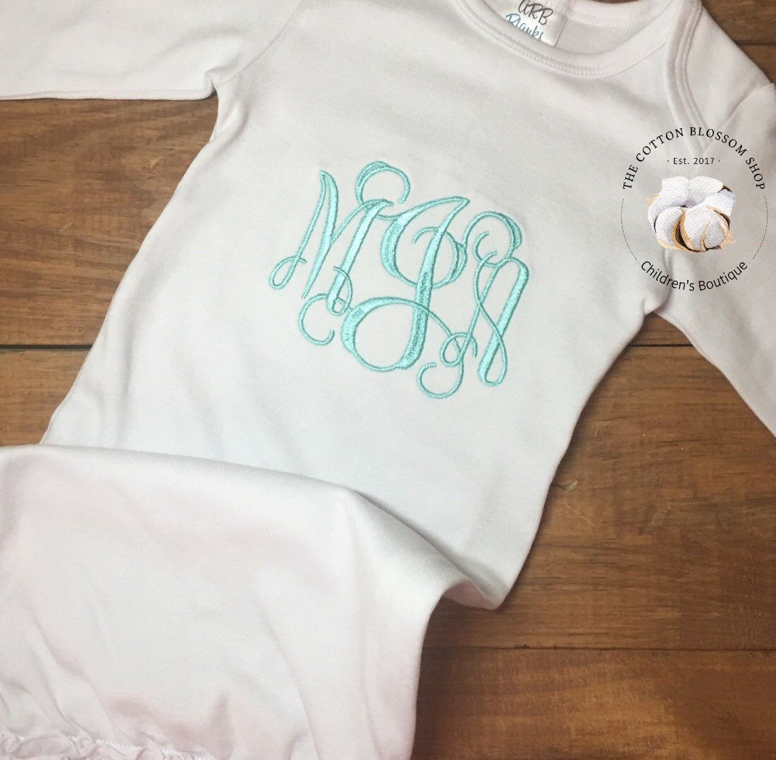 Baby Girls Coming Home Outfit, newborn coming home outfit, newborn clothes, boutique baby, monogrammed ruffle baby gown and bib, mint