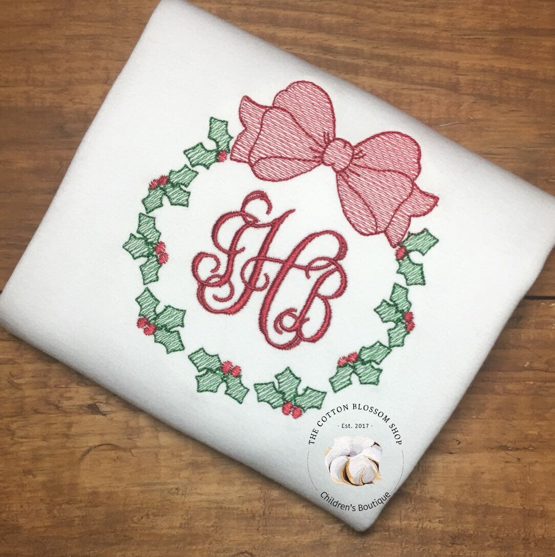 Girls Monogrammed Christmas Wreath Sketch Shirt