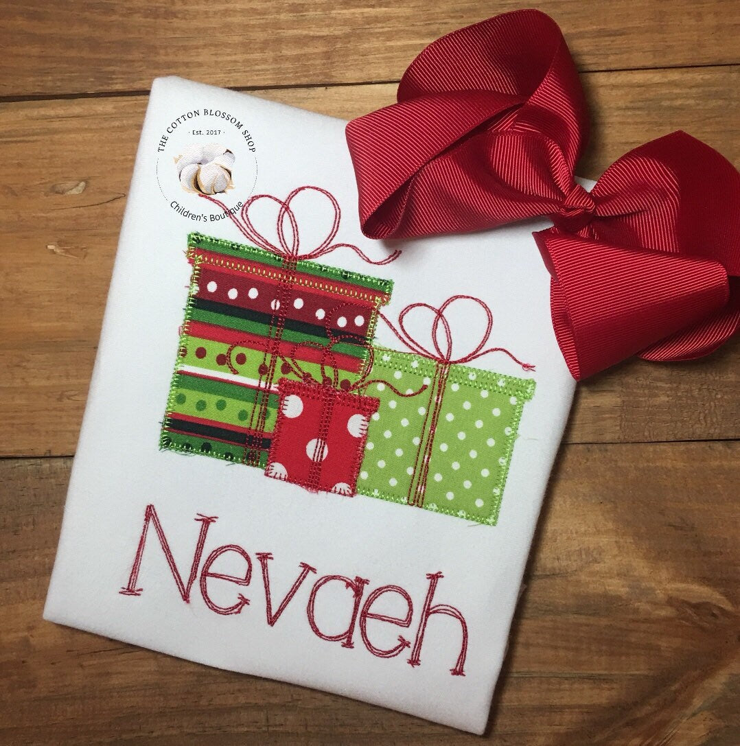 Girls monogrammed Christmas shirt, personalized christmas shirt, girl christmas shirt, christmas presents shirt, presents shirt, applique