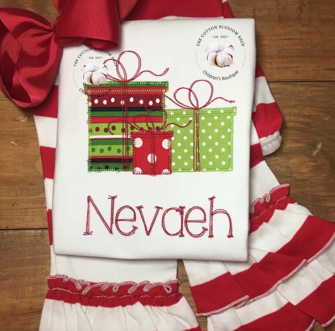 Girls monogrammed Christmas shirt, personalized christmas shirt, girl christmas shirt, christmas presents shirt, presents shirt, applique