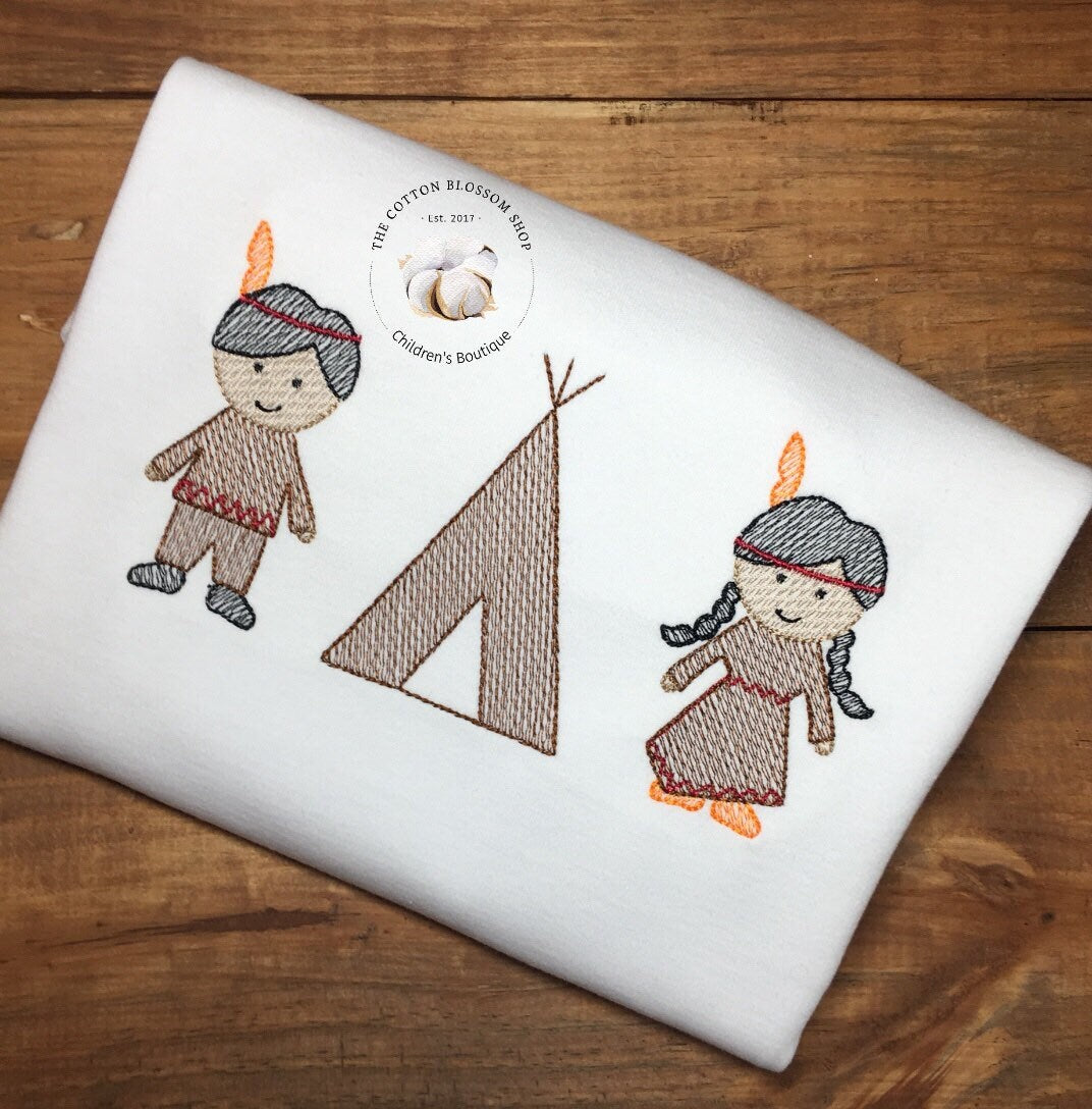 Thanksgiving Indians Sketch Shirt - Embroidered Shirt