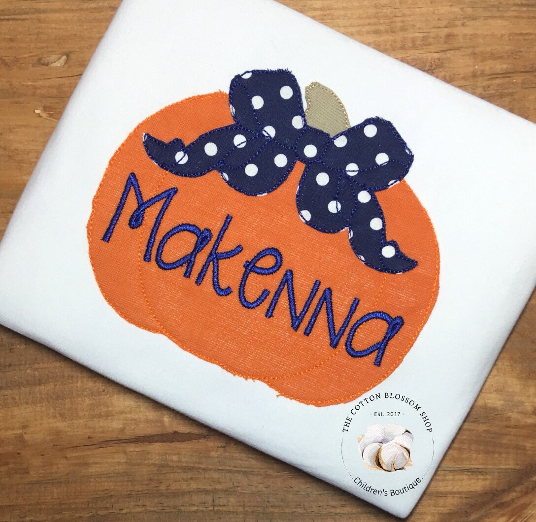 Girls monogrammed applique pumpkin shirt, navy polka dot bow