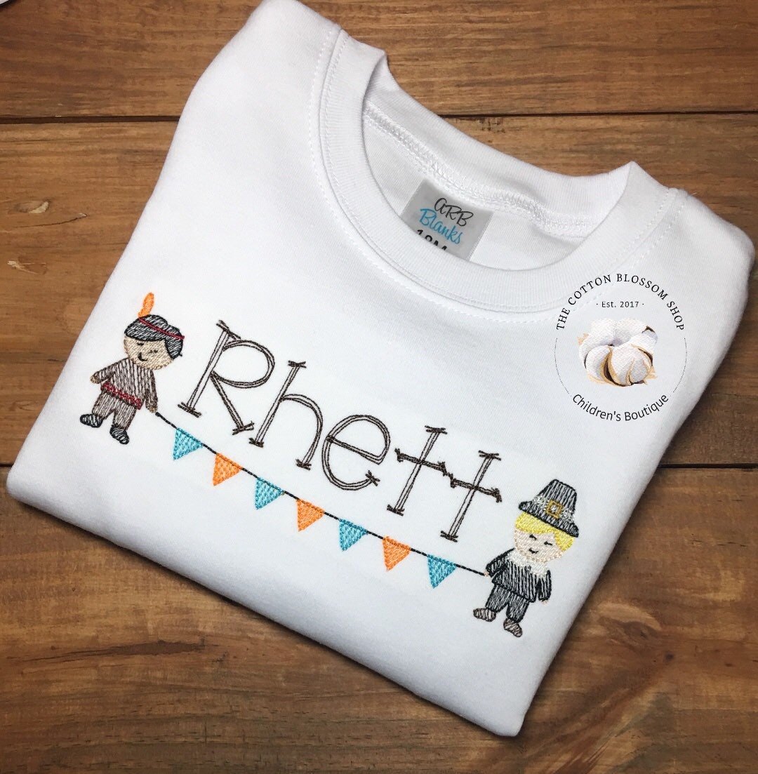 Boys Thanksgiving Indians and Pilgrims Name Banner Sketch Shirt - Embroidered Shirt