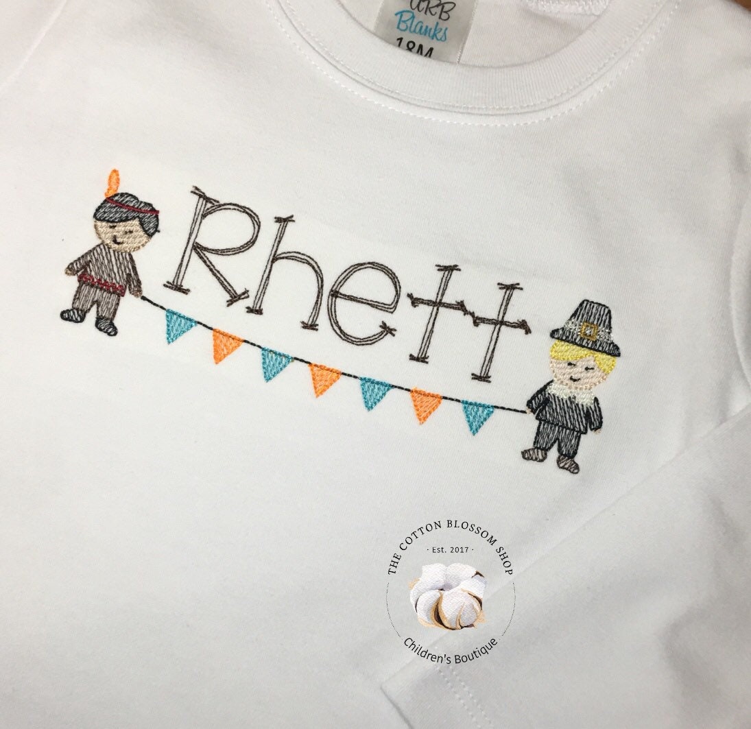 Boys Thanksgiving Indians and Pilgrims Name Banner Sketch Shirt - Embroidered Shirt