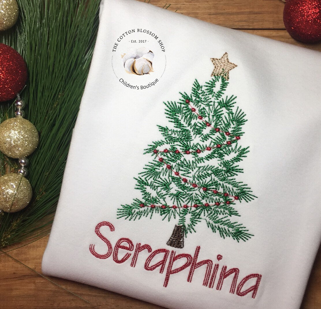 Vintage Sketch Christmas Shirt, embroidered Christmas tree shirt, girl or boy