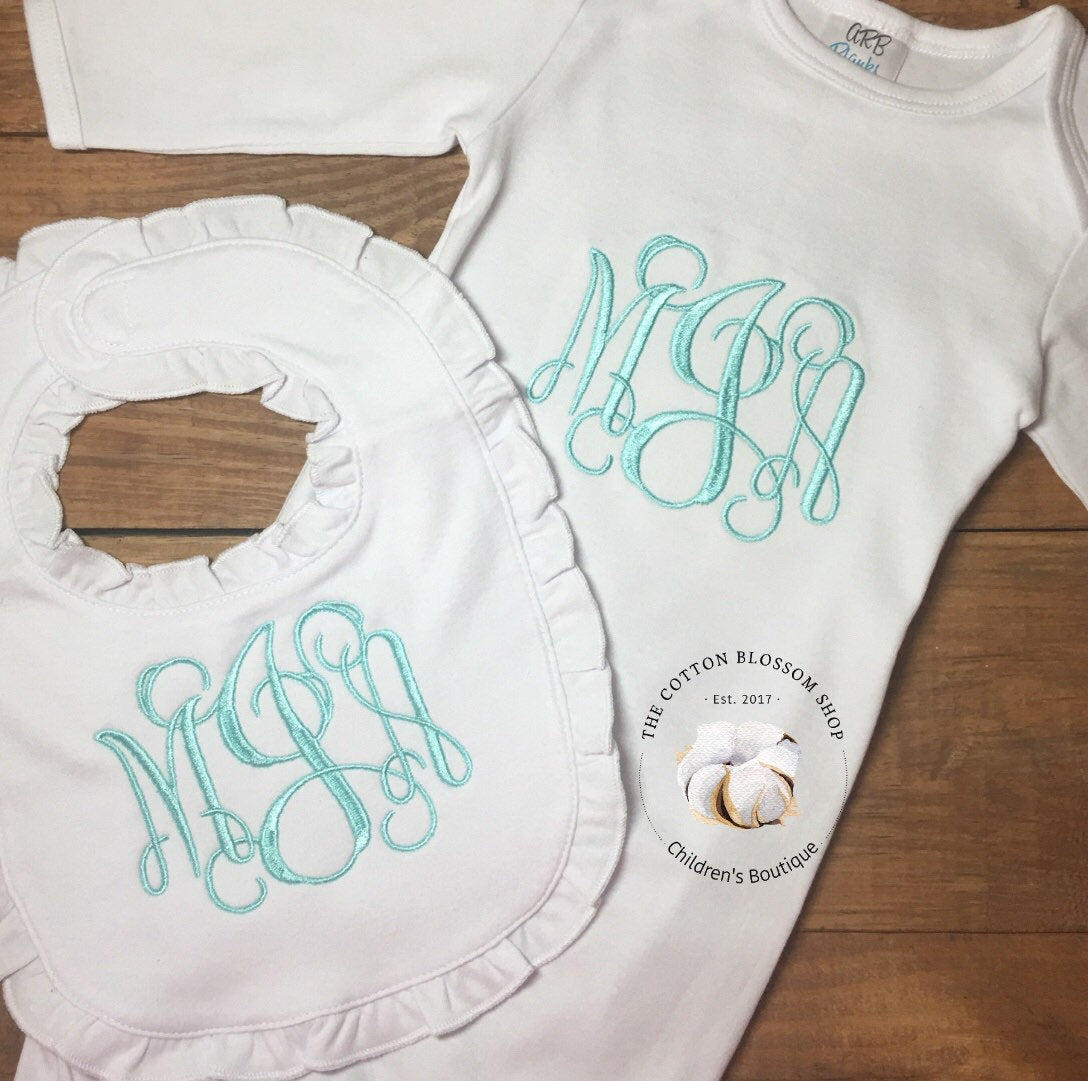 Baby Girls Coming Home Outfit, newborn coming home outfit, newborn clothes, boutique baby, monogrammed ruffle baby gown and bib, mint