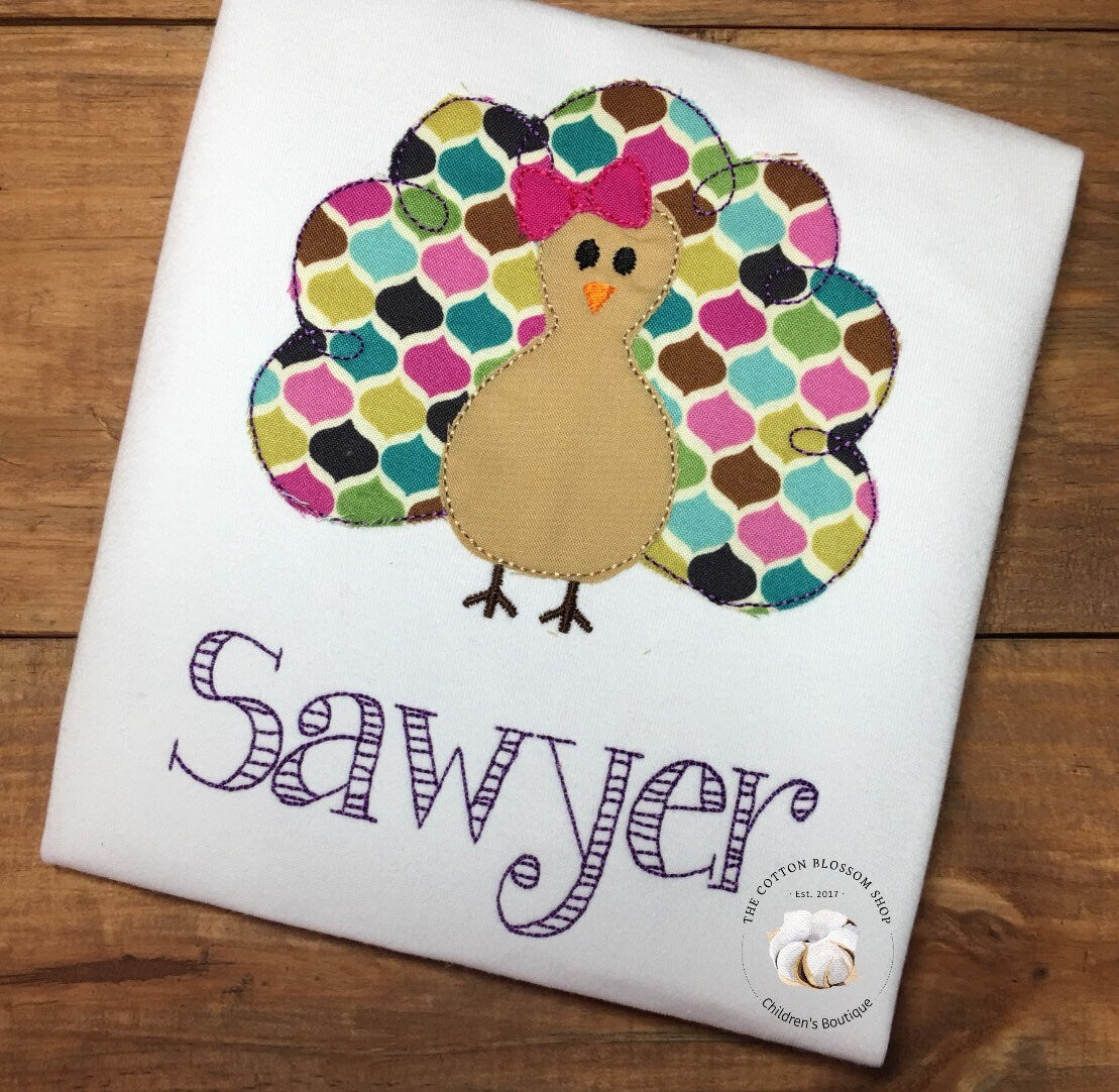 Girl's monogrammed Thanksgiving shirt, girls thanksgiving turkey shirt, monogrammed turkey shirt, thanksgiving outfit, gorl turkey, applique