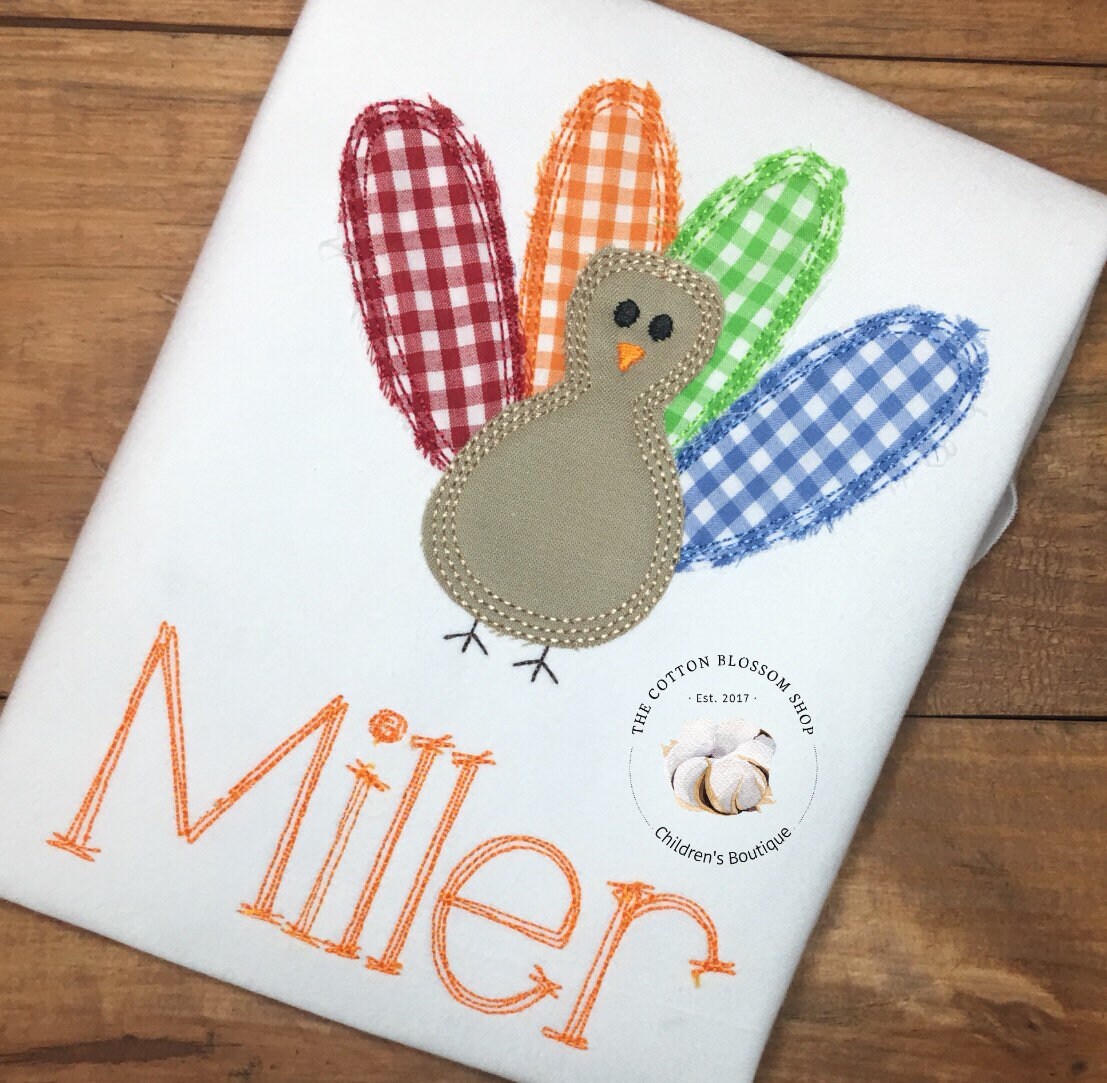 Boys gingham applique Thanksgiving Turkey Shirt, toddler thanksgiving shirt, applique turkey shirt, monogrammed shirt, embroidered