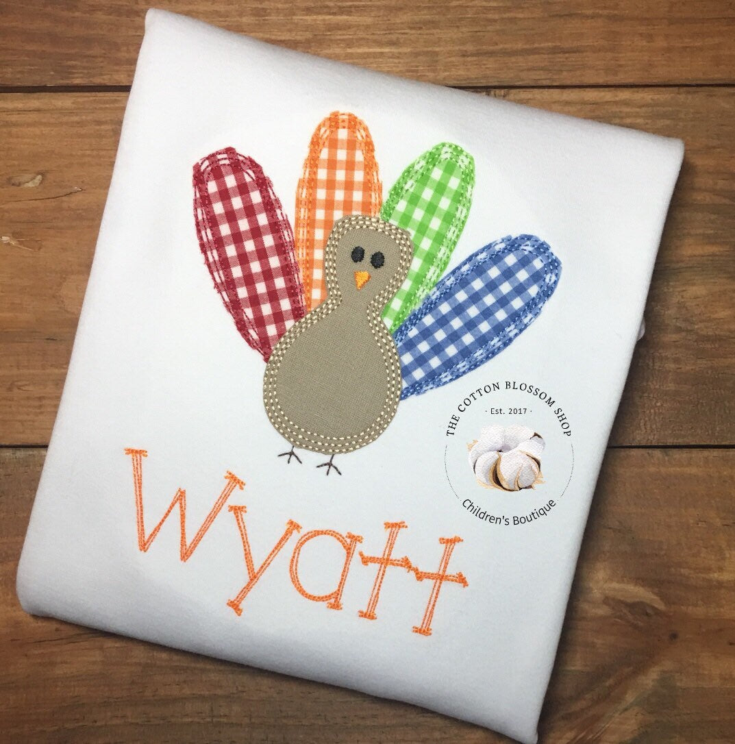 Boys gingham applique Thanksgiving Turkey Shirt, toddler thanksgiving shirt, applique turkey shirt, monogrammed shirt, embroidered
