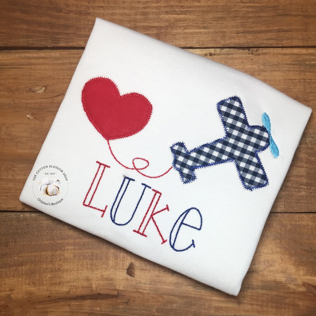 Boys applique airplane Valentine Shirt - airplane Valentines Day Shirt, personalized Boys Valentines Day Shirt, Valentine Shirt