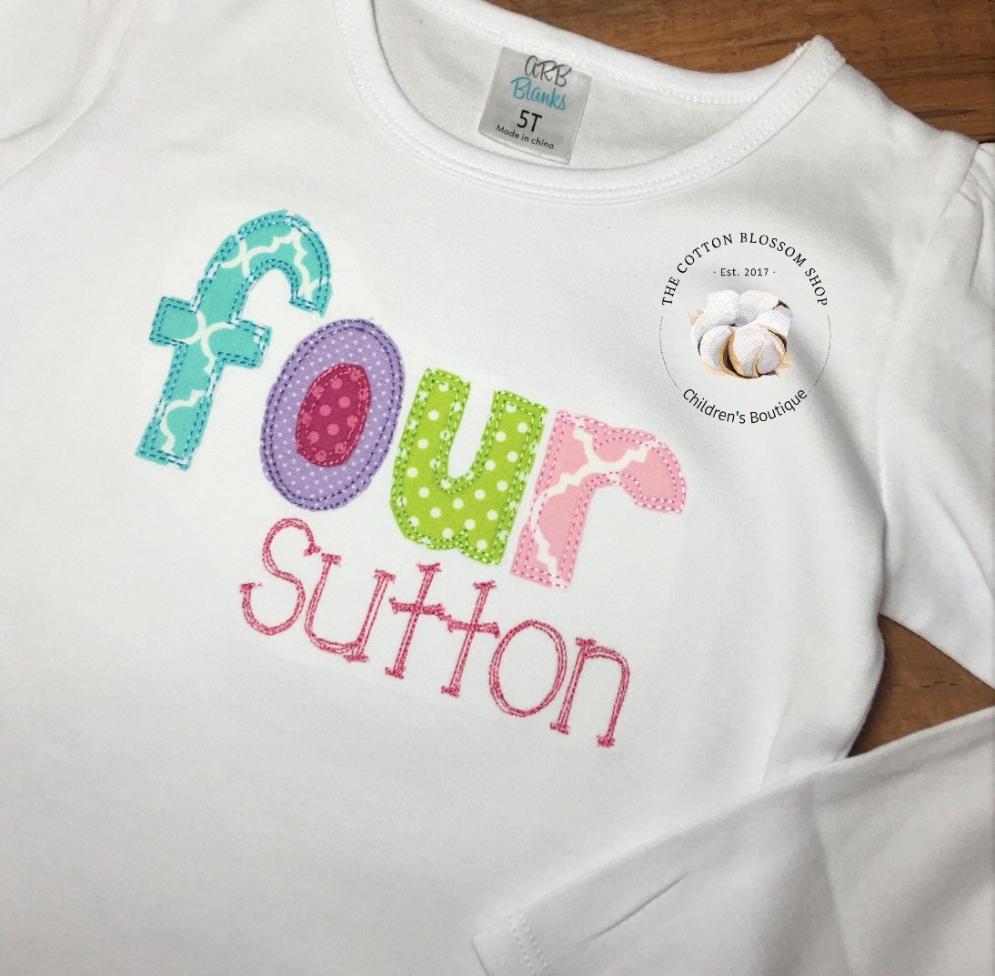 Girls pastel applique four birthday shirt, 4 year old birthday outfit, girls floral birthday four shirt, garden party birthday shirt, pastel