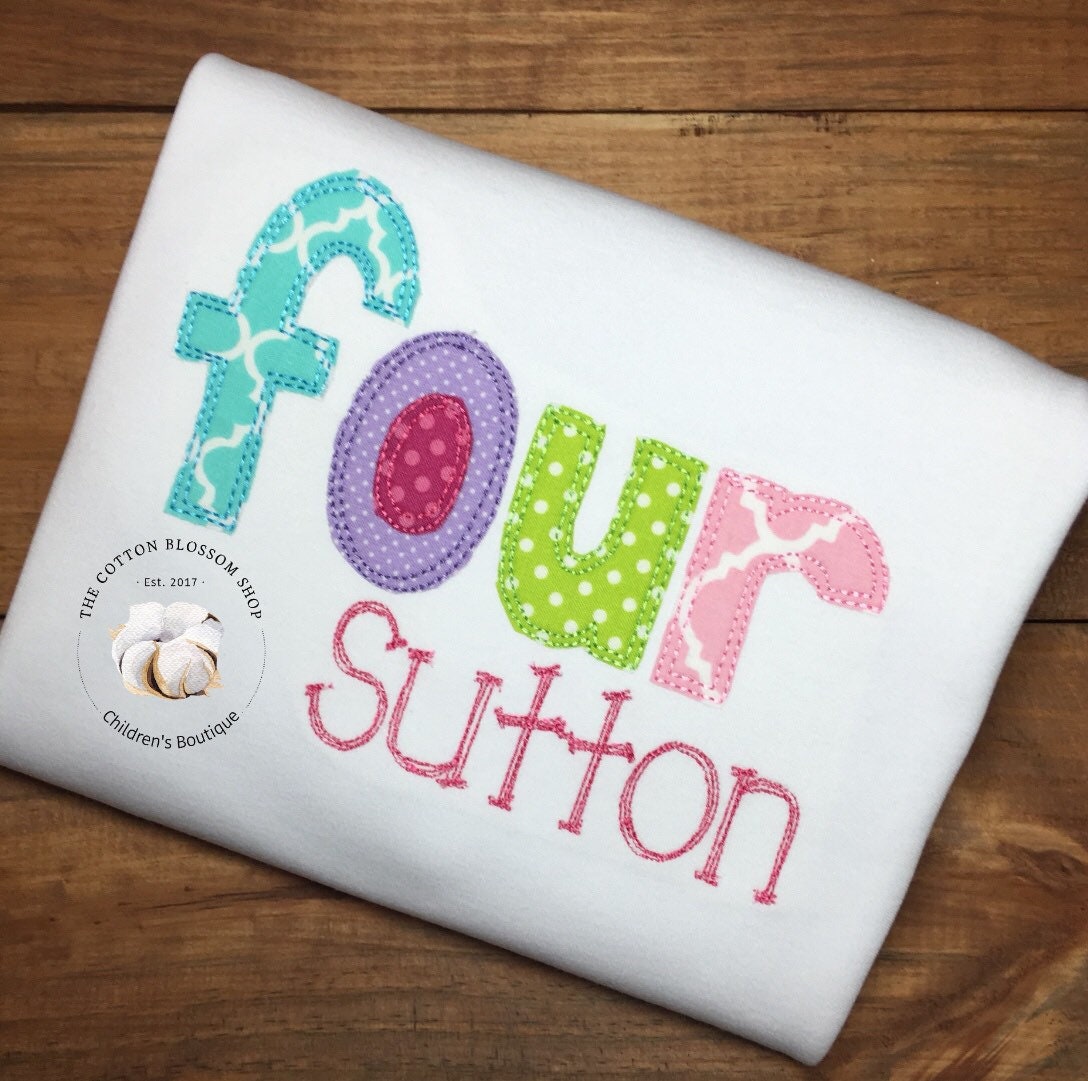 Girls pastel applique four birthday shirt, 4 year old birthday outfit, girls floral birthday four shirt, garden party birthday shirt, pastel