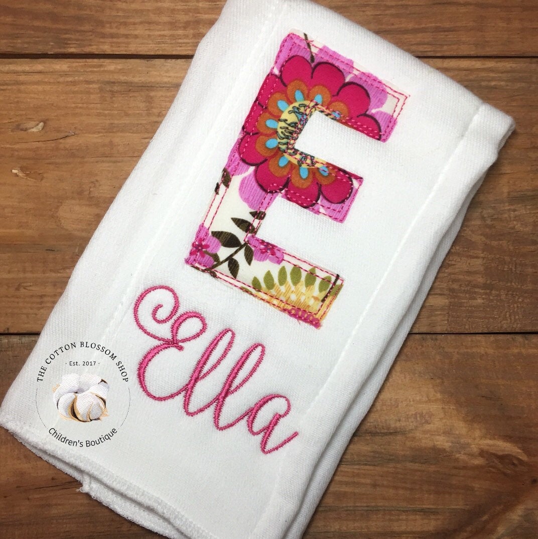 Baby Girls Applique Monogram Burp Cloth, applique girls burp cloth, newborn monogrammed burp cloth, fabric appliqued monogram burp cloth
