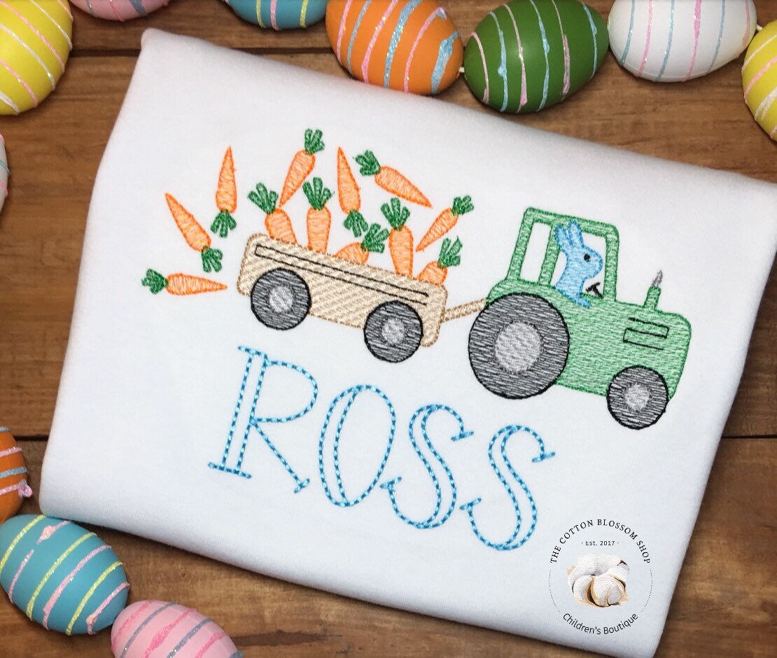 Personalized boys easter shirt, boys easter bunny shirt, easter bunny on tractor shirt