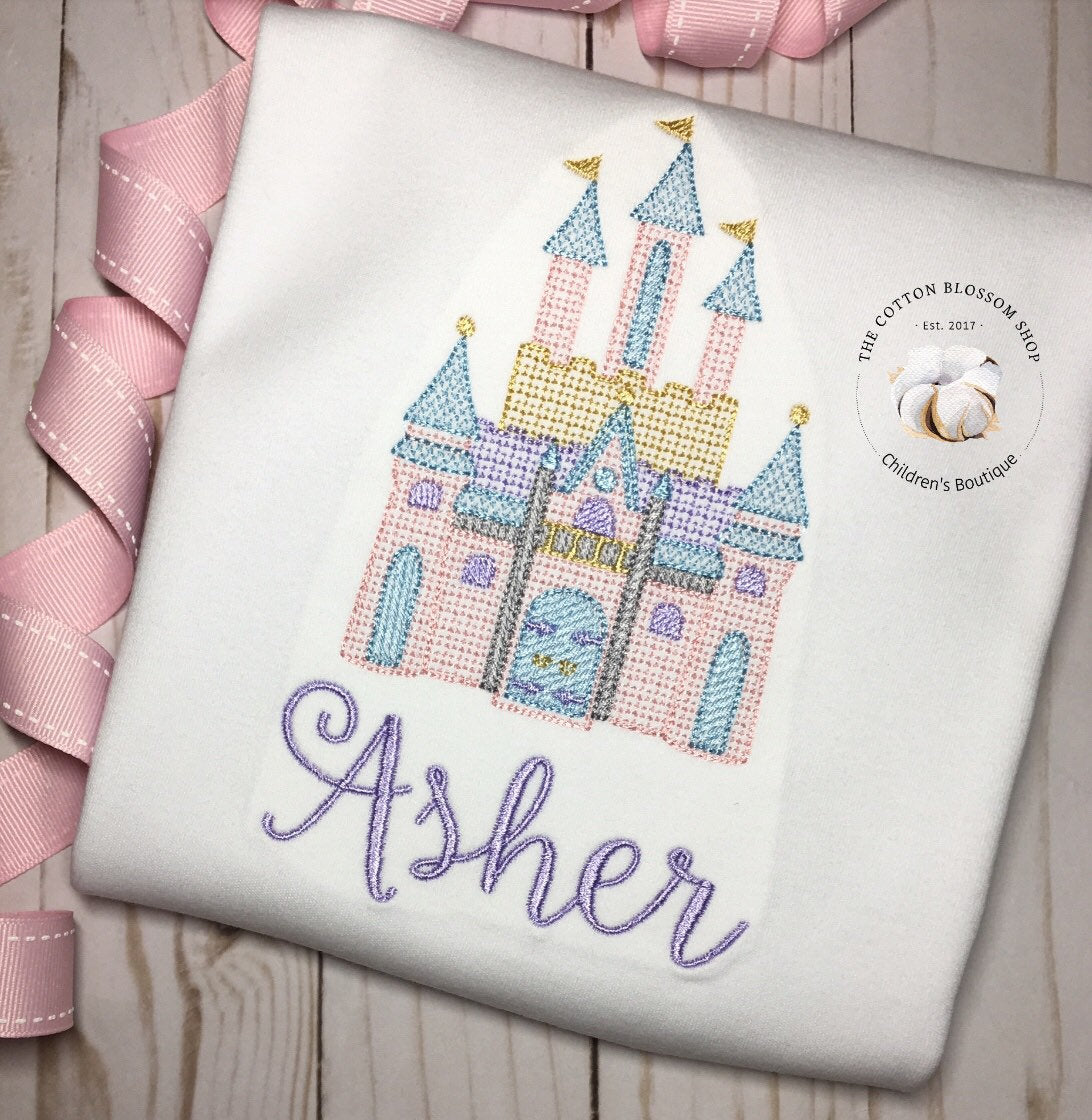 Girls princess castle sketch embroidered personalized shirt