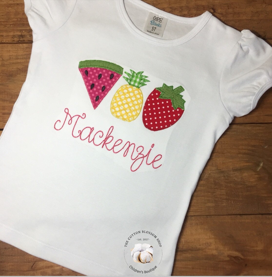 Girls summer fruits appliqué personalized shirt, strawberry, pineapple, watermelon applique shirt