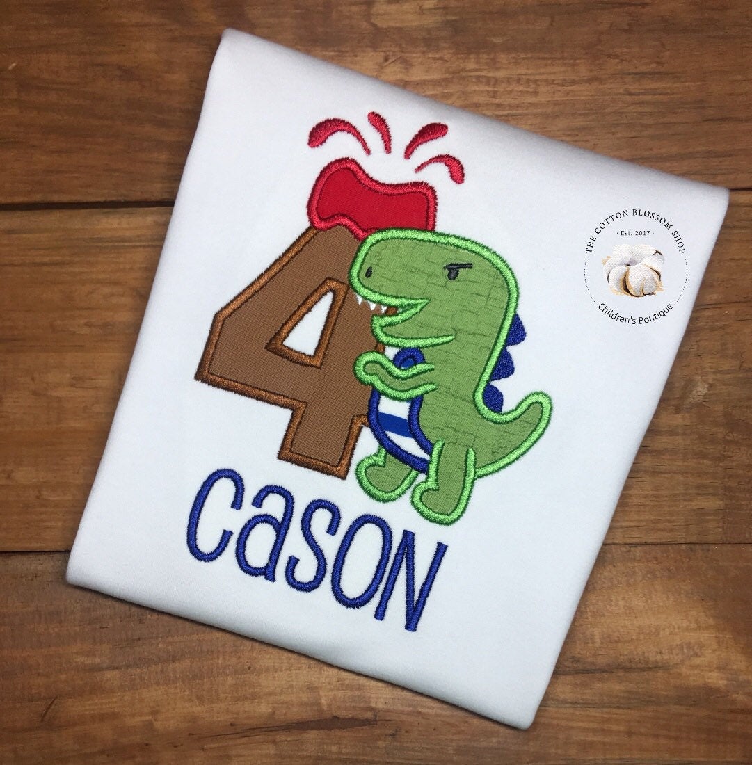 4th birthday Dinosaur birthday shirt, dinosaur birthday shirt, dinosaur applique birthday shirt, dinosaur shirt, dinosaur birthday, volcano