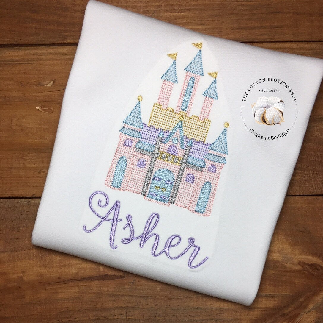 Girls princess castle sketch embroidered personalized shirt