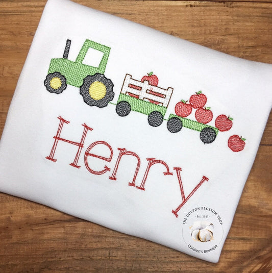 Boys Back to School shirt, Tractor with apples personalized shirt, apple picking shirt