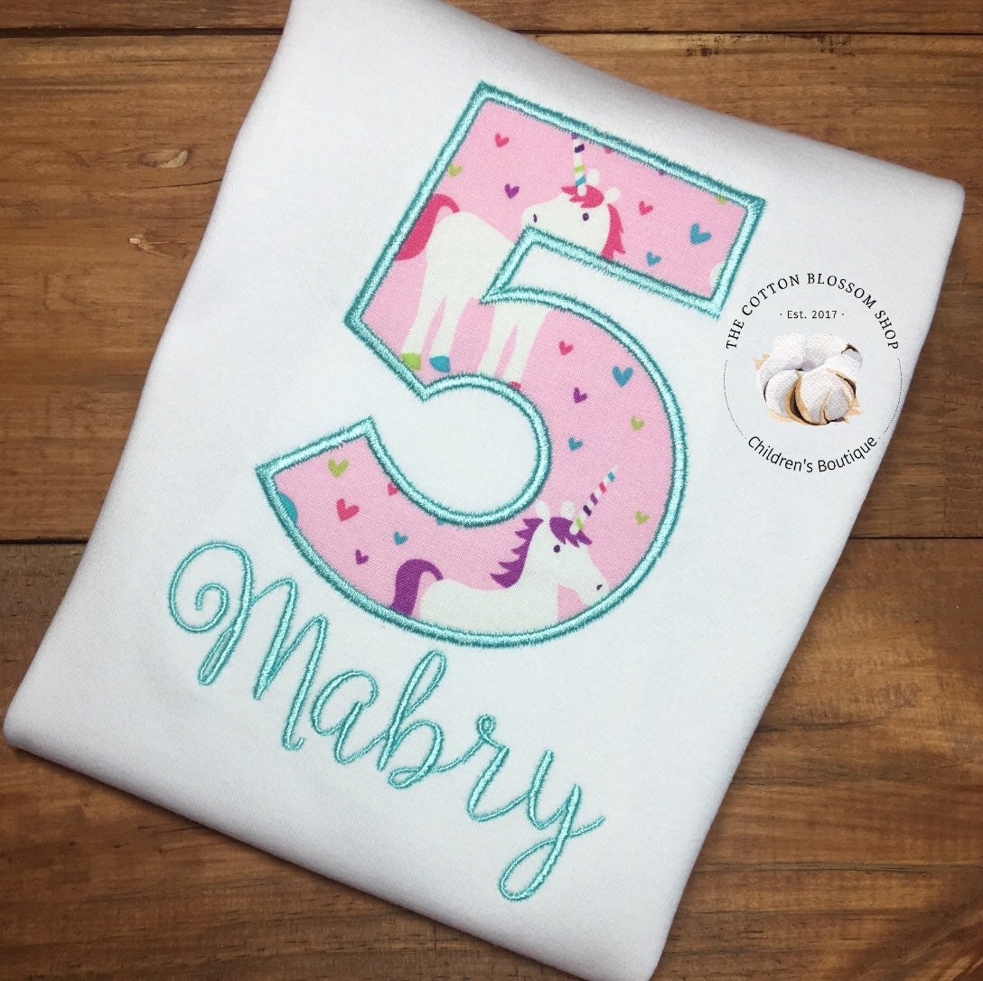 Unicorn 5th birthday shirt, unicorn shirt, unicorn applique birthday shirt, unicorn embroidered birthday shirt, unicorn 5th birthday shirt