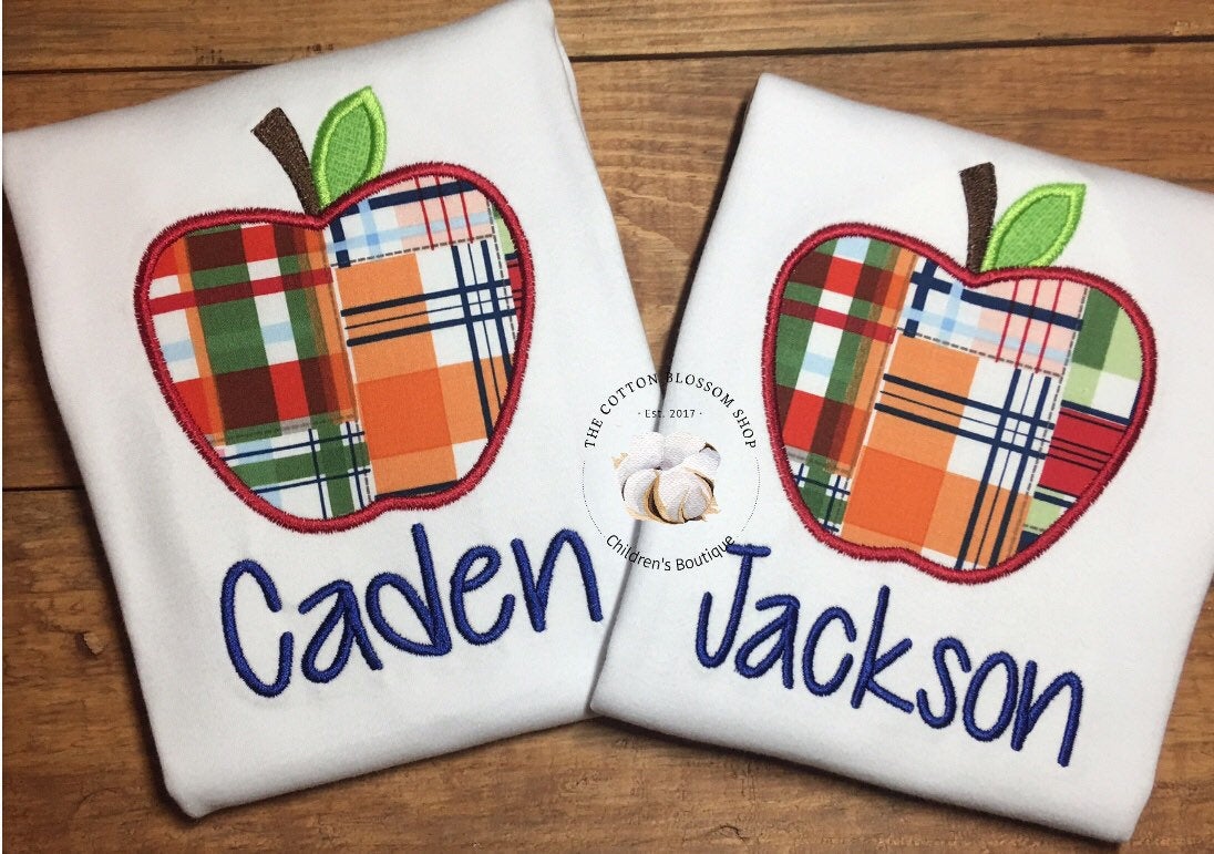 Boy's Plaid Apple Appliqué Shirt - Boys Monogrammed First Day of School Shirt, boys first day shirt, kindergarten, boys back to school shirt