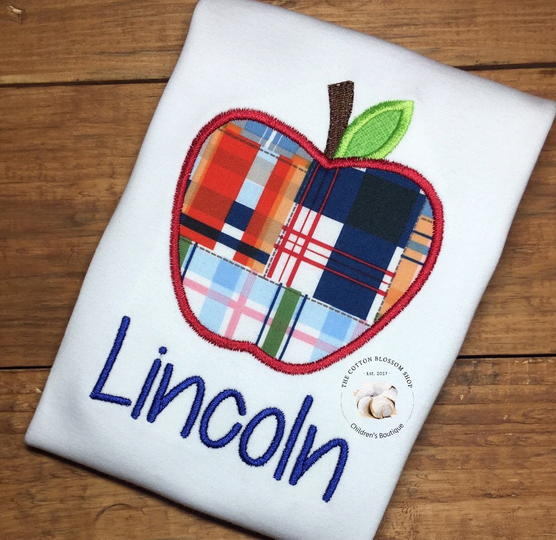Boy's Plaid Apple Appliqué Shirt - Boys Monogrammed First Day of School Shirt, boys first day shirt, kindergarten, boys back to school shirt