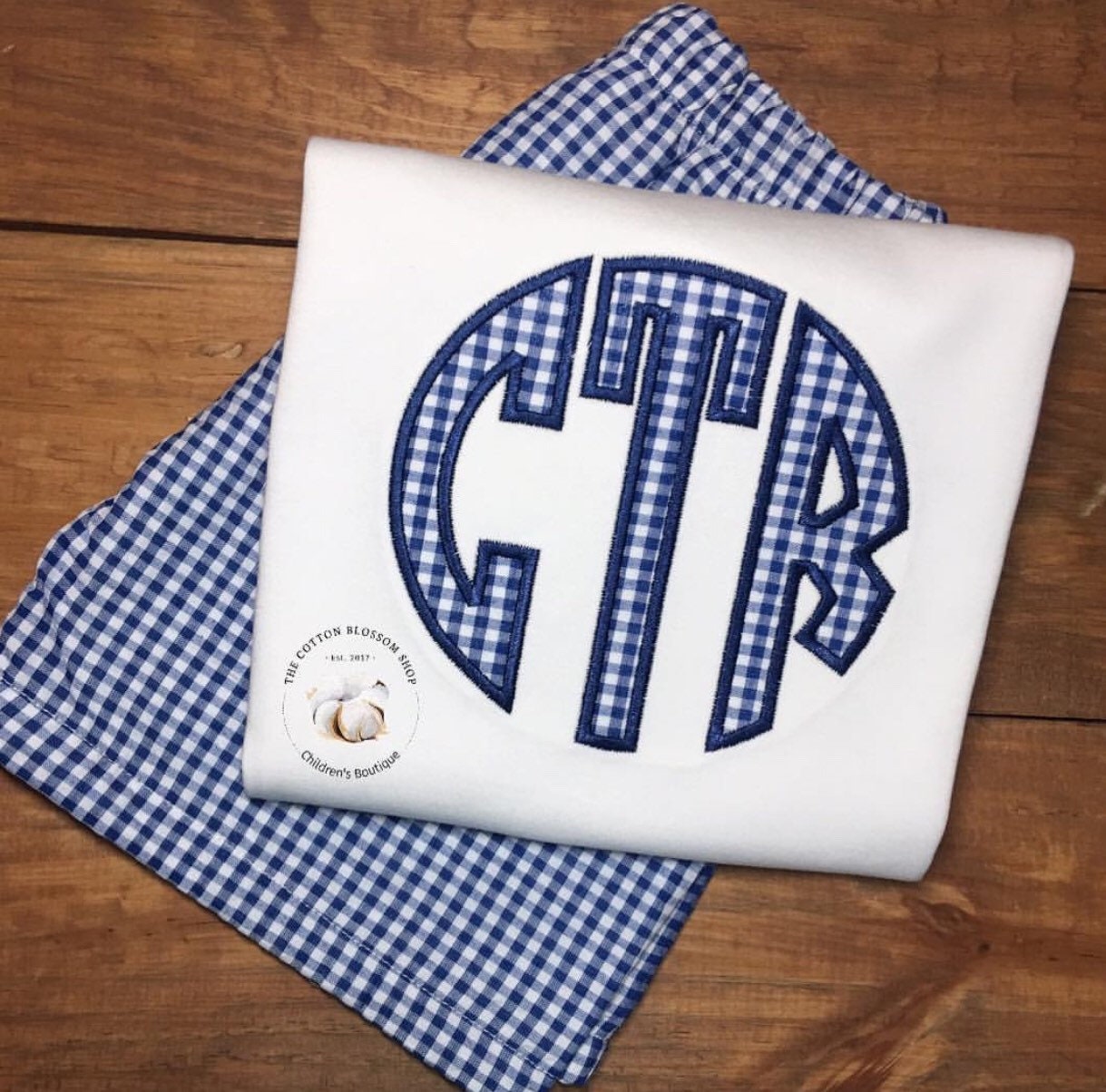 Boys monogrammed shirt and shirts set, gingham shorts, applique shirt, boys monogrammed gingham outfit - blue gingham