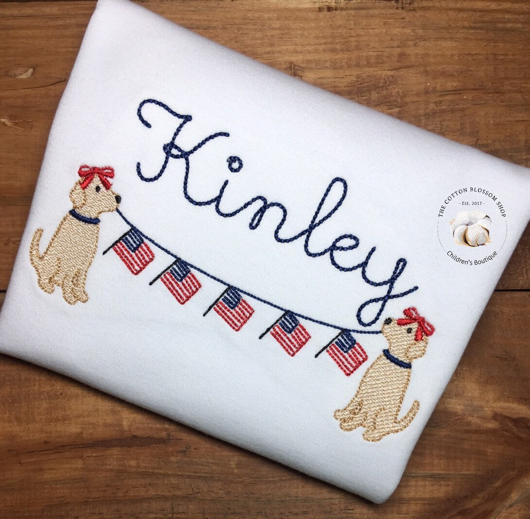 Girls patriotic puppy dog shirt, fourth of July shirt, Memorial Day shirt, embroidered personalized shirt