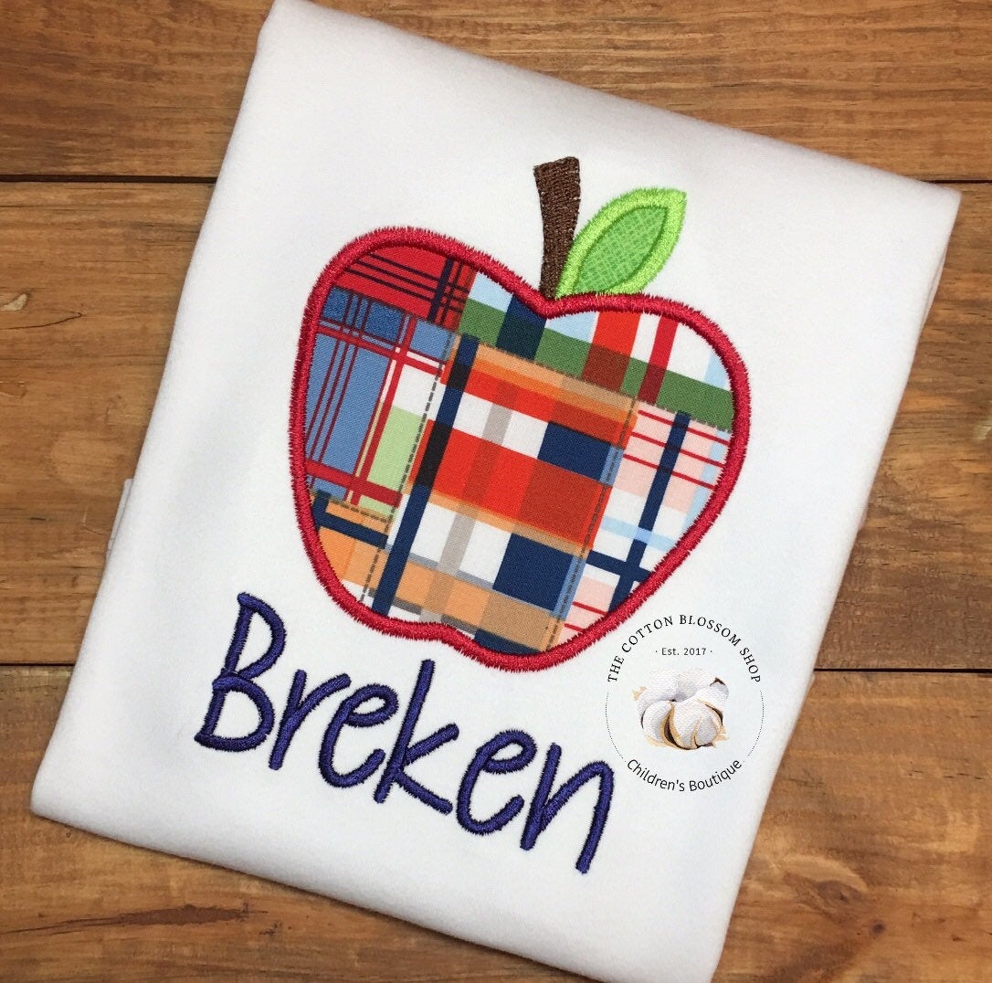 Boy's Plaid Apple Appliqué Shirt - Boys Monogrammed First Day of School Shirt, boys first day shirt, kindergarten, boys back to school shirt