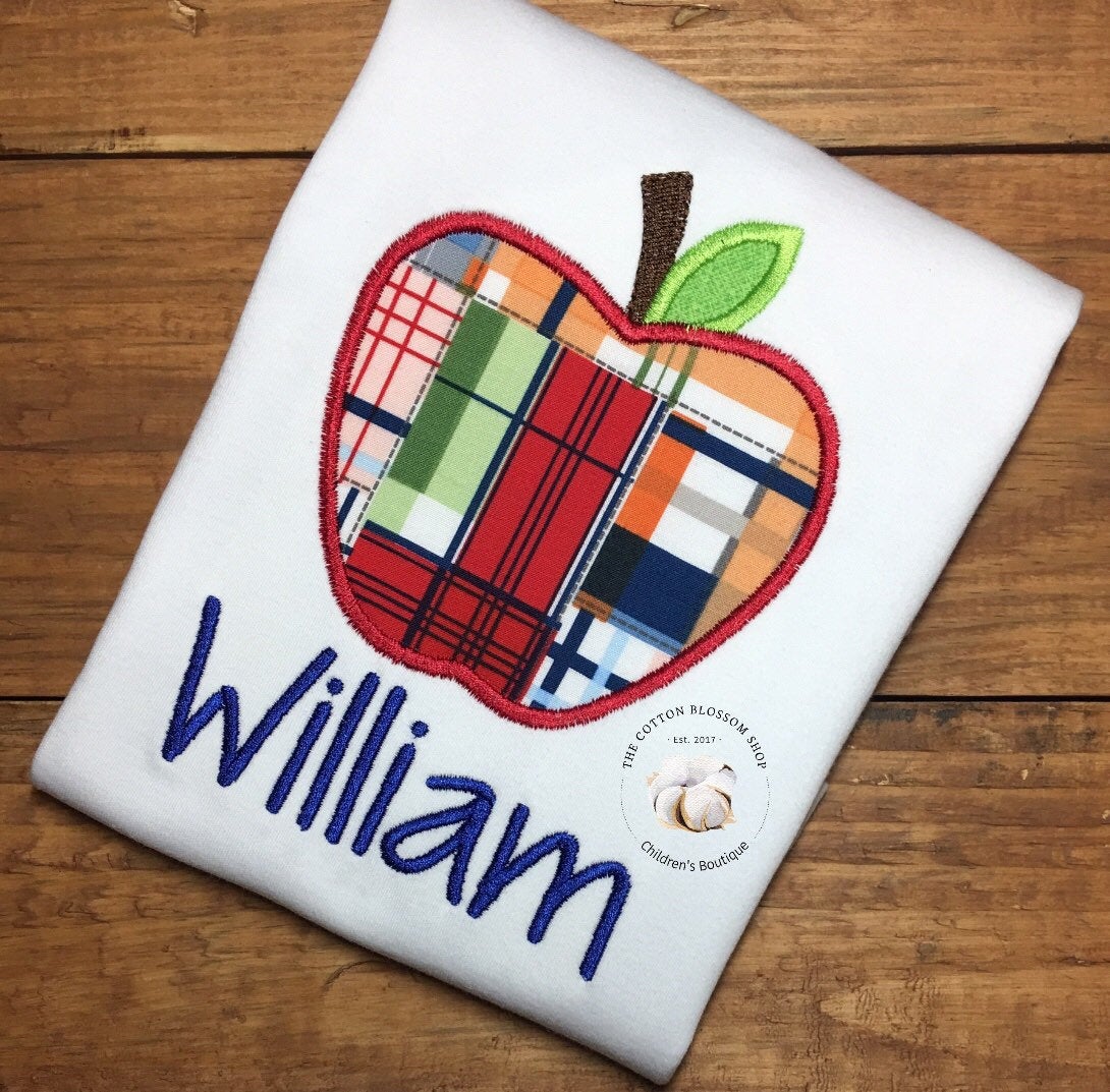 Boy's Plaid Apple Appliqué Shirt - Boys Monogrammed First Day of School Shirt, boys first day shirt, kindergarten, boys back to school shirt