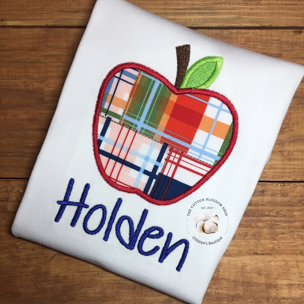 Boy's Plaid Apple Appliqué Shirt - Boys Monogrammed First Day of School Shirt, boys first day shirt, kindergarten, boys back to school shirt