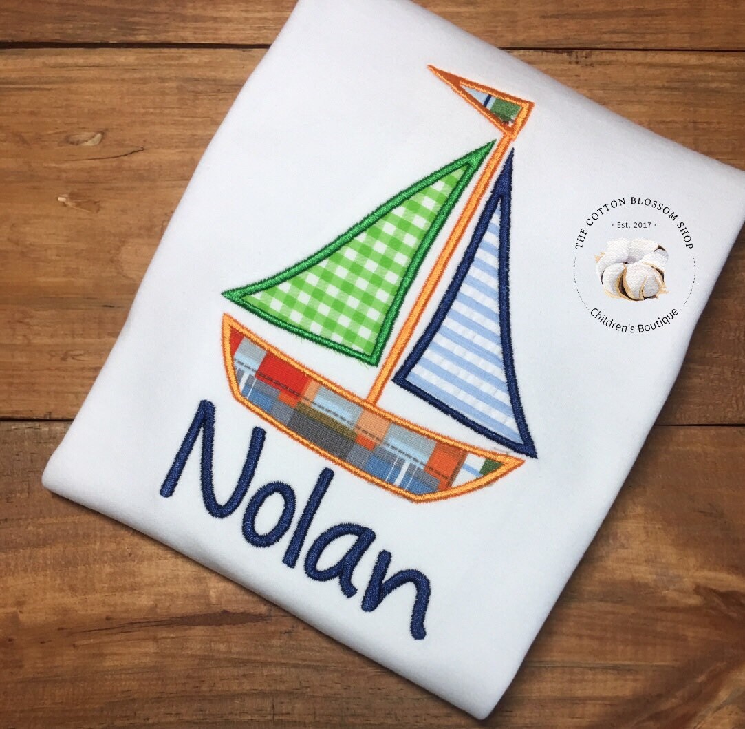 Boys monogrammed sailboat shirt, boys boat shirt, boys summer shirt, boys beach shirt, boys vacation shirt, plaid sailboat shirt