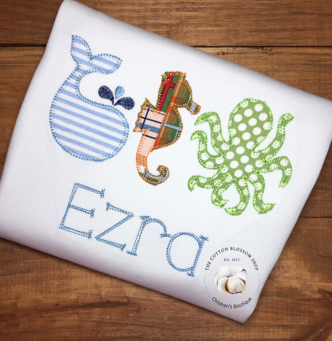 boys beach vacation shirt, personalized sea animals shirt, embroidered shirt, whale, seahorse, octopus shirt