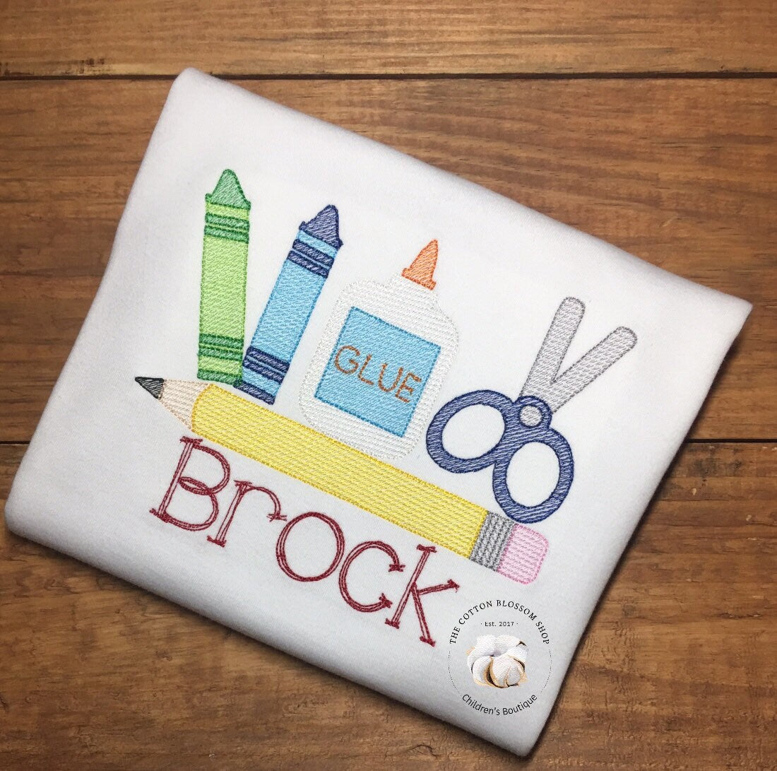 Boys back to school shirt, first day of school shirt, boys back to school sketch design shirt, boys school supplies sketch embroidered shirt