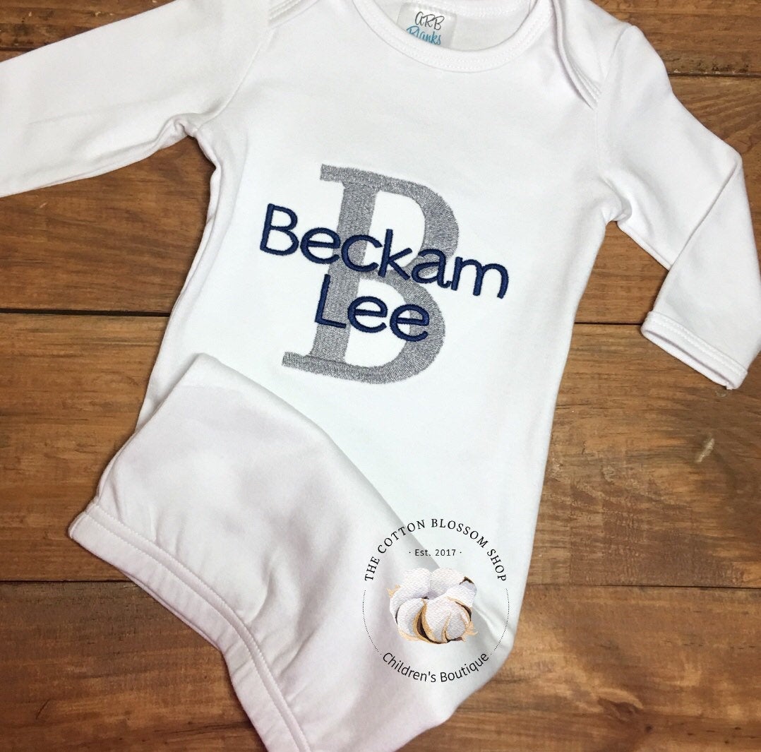 Baby boys coming home outfit- boys monogrammed baby shower gift boys personalized name gown- monogrammed baby gown, newborn monogrammed gown