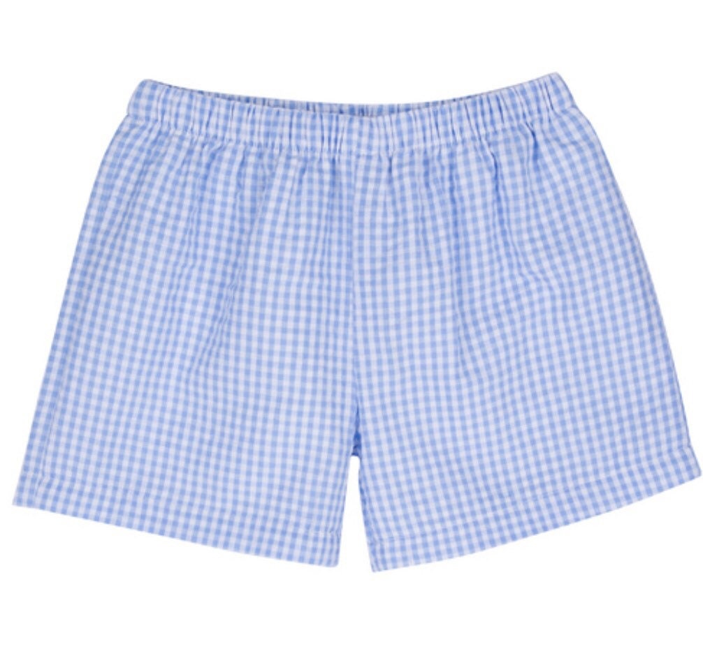 Boys monogrammed shirt and shirts set, gingham shorts, applique shirt, boys monogrammed gingham outfit - light blue