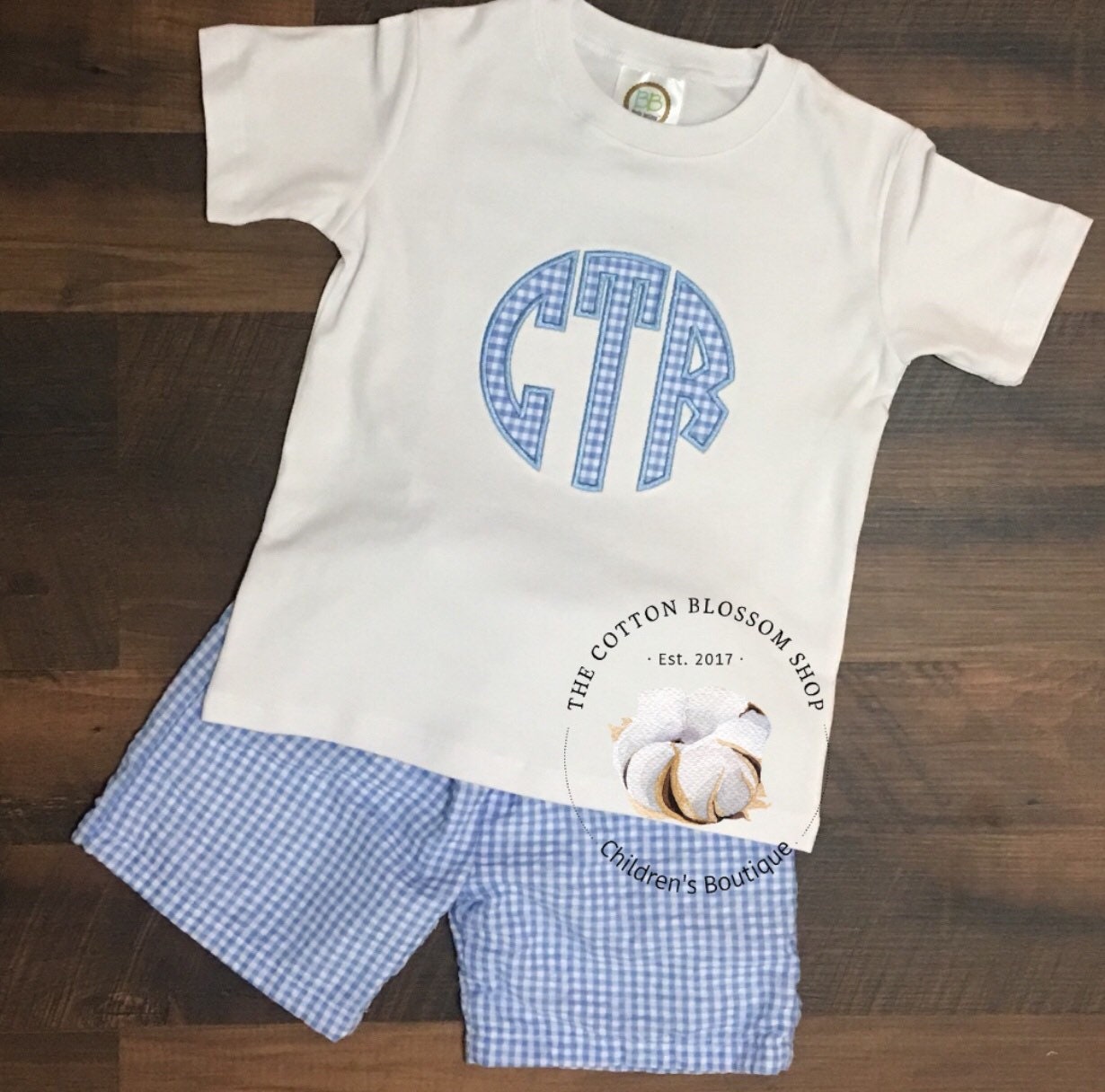 Boys monogrammed shirt and shirts set, gingham shorts, applique shirt, boys monogrammed gingham outfit - light blue