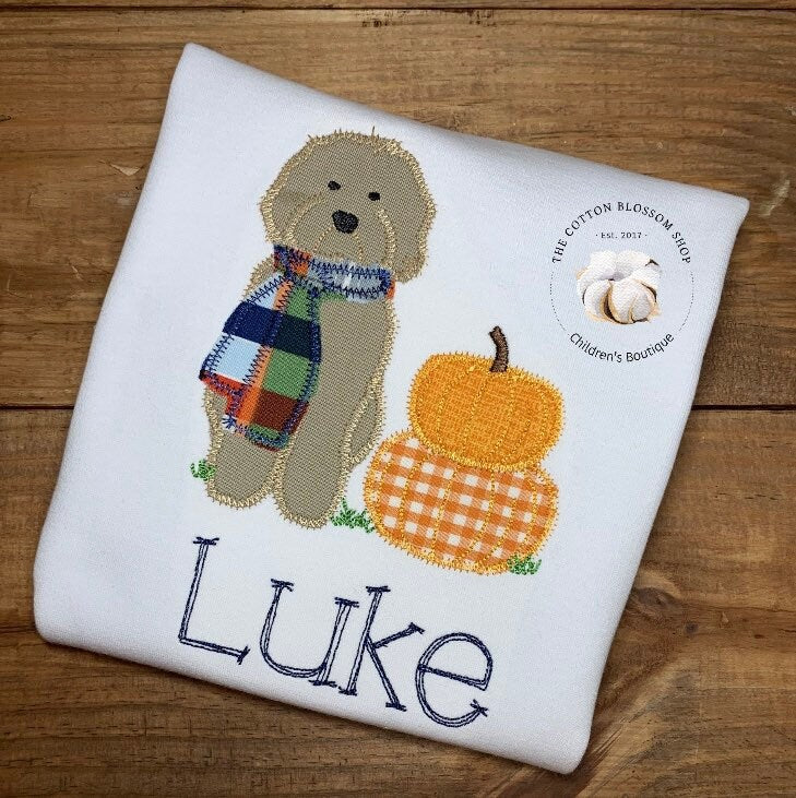Boys Applique Dog and Pumpkins Shirt, boys applique pumpkin shirt, boys monogrammed fall shirt, boys halloween shirt