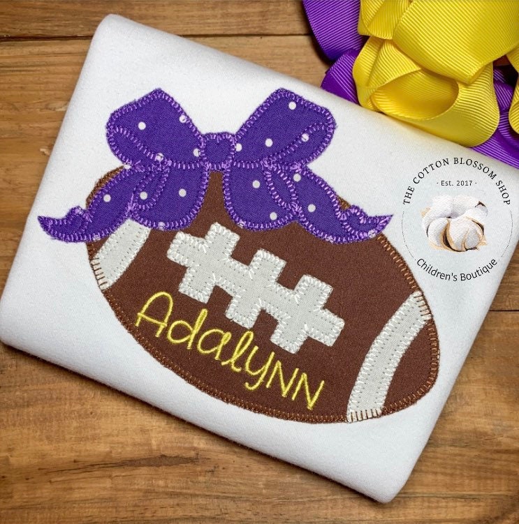 Girls football shirt, purple and yellow gold football shirt, girls cheerleading shirt, girls football cheer shirt, applique shirt