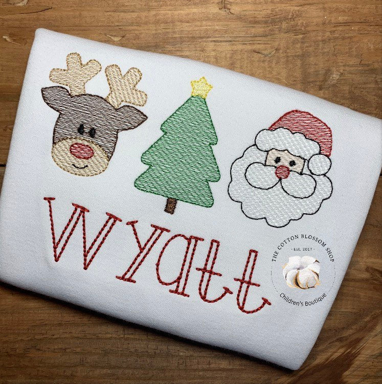 Monogrammed Santa Reindeer Christmas tree Shirt, embroidered Christmas shirt, girls christmas shirt, boys christmas shirt, santa shirt