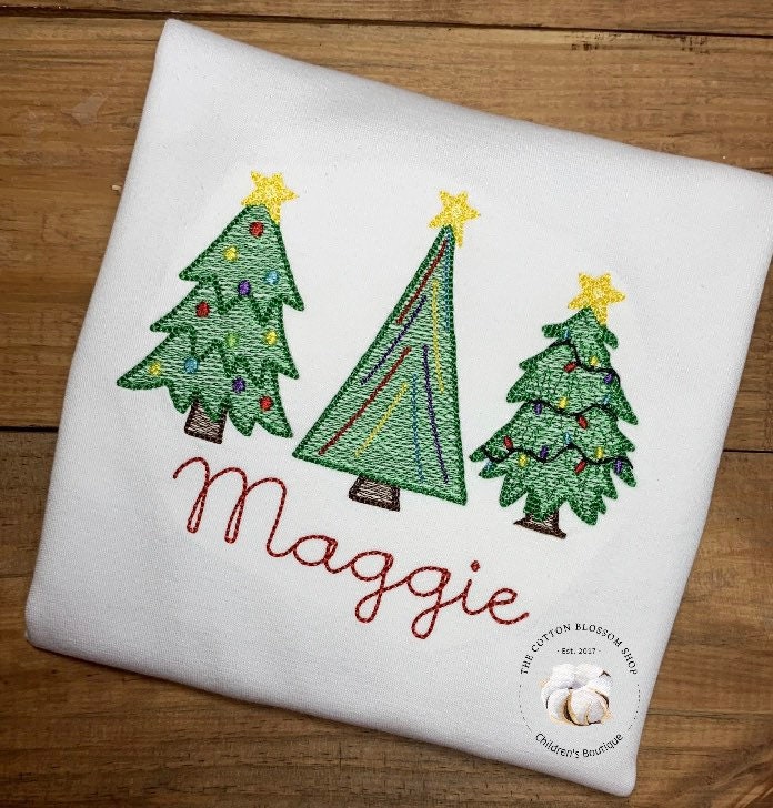 Girls Personalized Christmas Tree Christmas Shirt, embroidered Christmas shirt, cheistmas tree applique shirt