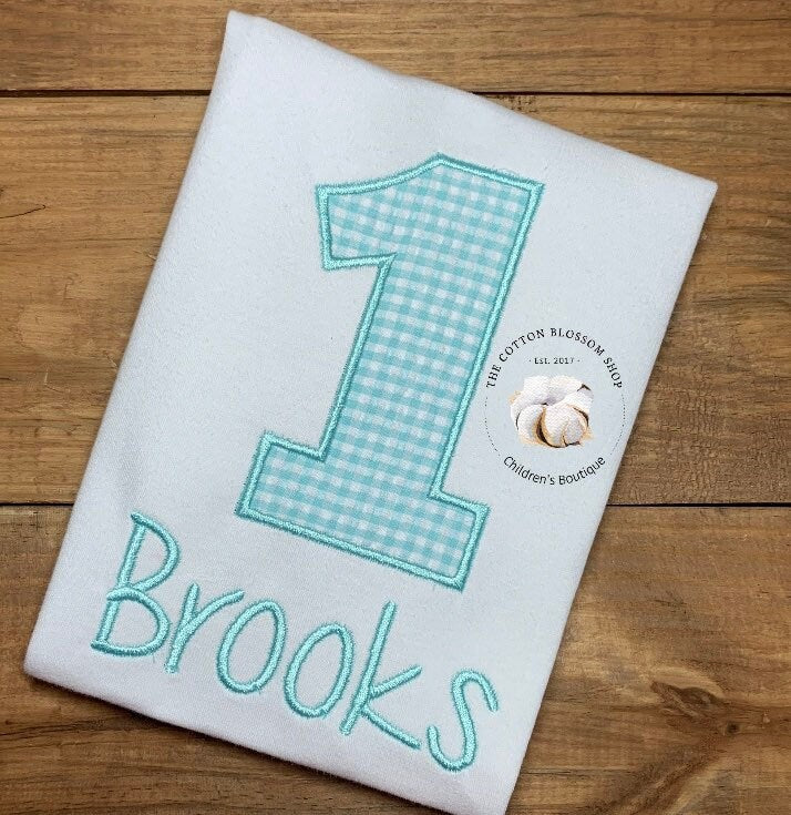 Boys blue and white sersucker gingham birthday shirt, boys second birthday shirt, boys blue birthday shirt, 2nd birthday shirt, applique