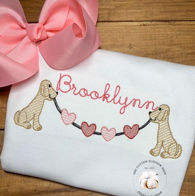 Girls Valentine's Day Shint, dogs with hearts banner shirt, puppy dog Valentine's Day shirt