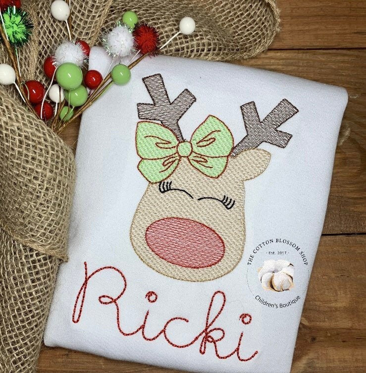 Girls reindeer Christmas shirt, personalized christmas shirt, girl reindeer christmas shirt, girl reindeer shirt with name, sketch shirt