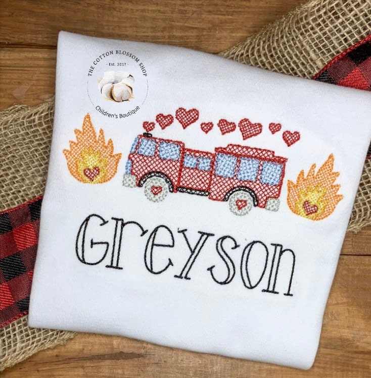 Boys embroidered valentines shirt, boys firetruck valentines boys shirt, firetruck valentine shirt, boys appliqué shirt, boys valentines