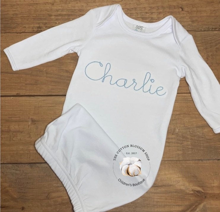 Baby boys coming home outfit- boys monogrammed baby shower gift - boys personalized name gown- monogrammed baby gown, baby bib