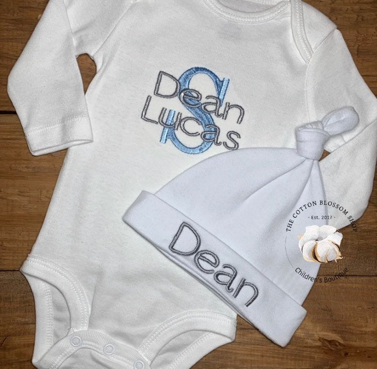 Baby boys coming home outfit- boys monogrammed baby shower gift - boys personalized name gown- monogrammed baby gown, baby hat