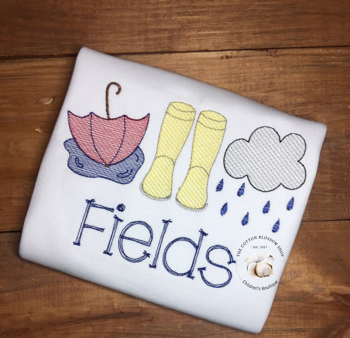 boys rainy day personalized shirt, rain boots and umbrella shirt