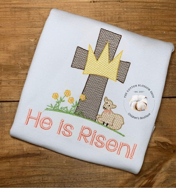 He is risen! girls easter shirt, girls easter cross, lamb, crown shirt